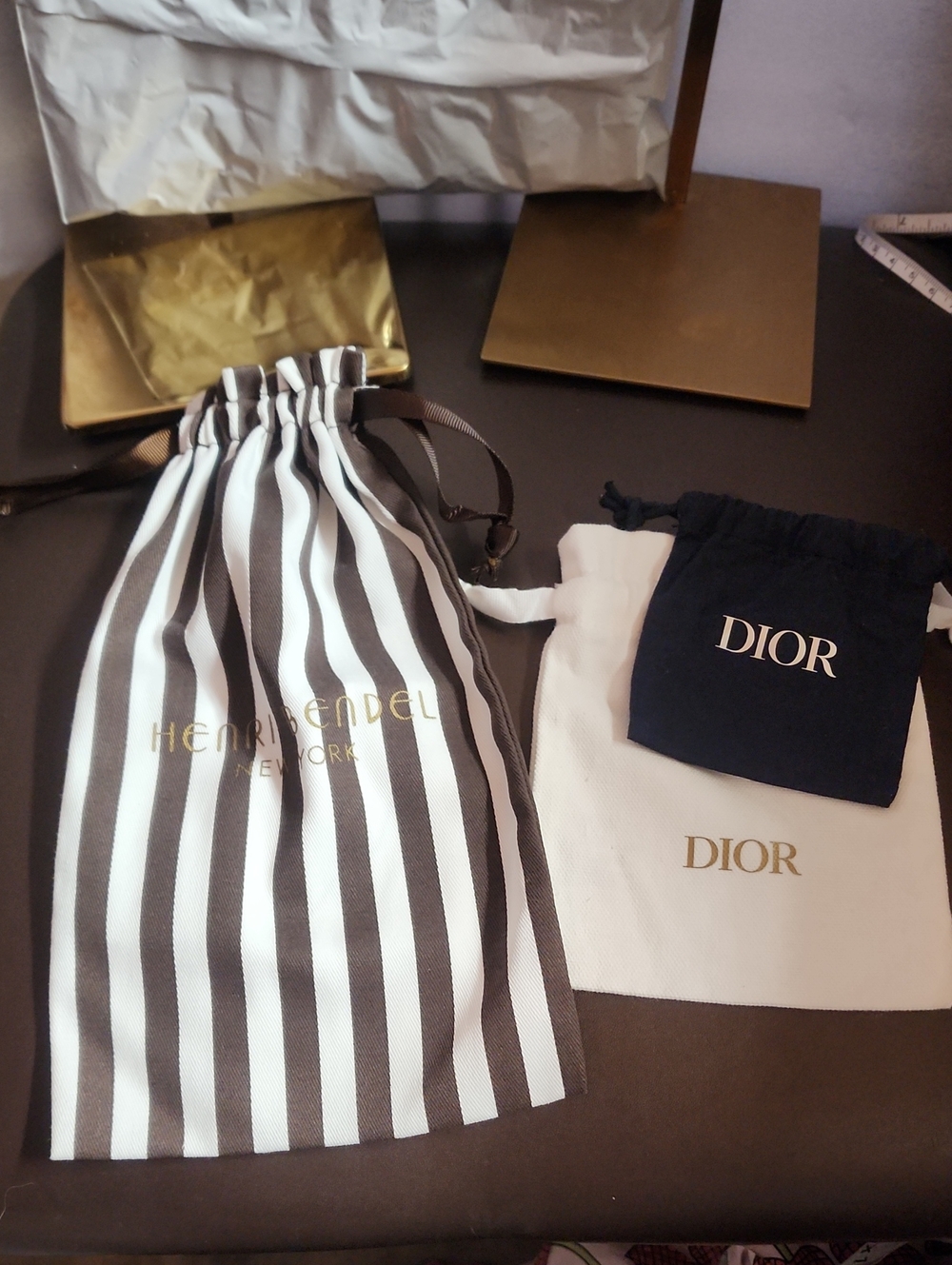 Henri Bendel & Dior Drawstring Dusty's Striped, White, Navy Set Of 3 Euc